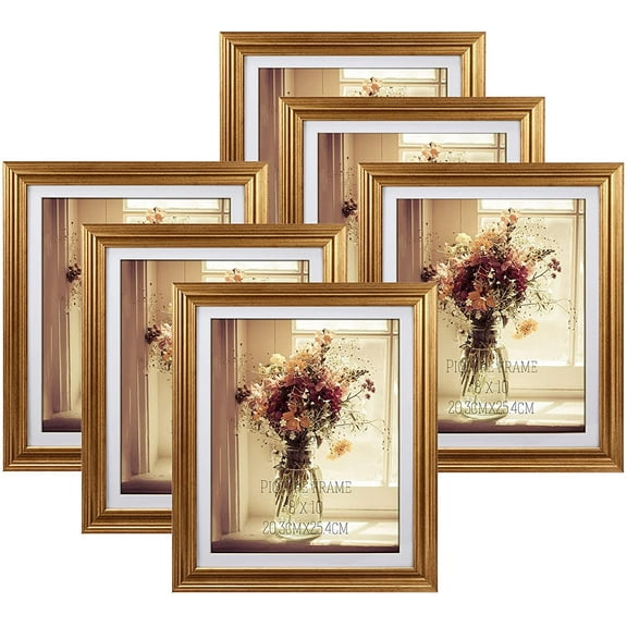 8x10 Picture Frame Set of 6, Antique Gold Photo Frame 6 Pack for Wall Mount or Tabletop