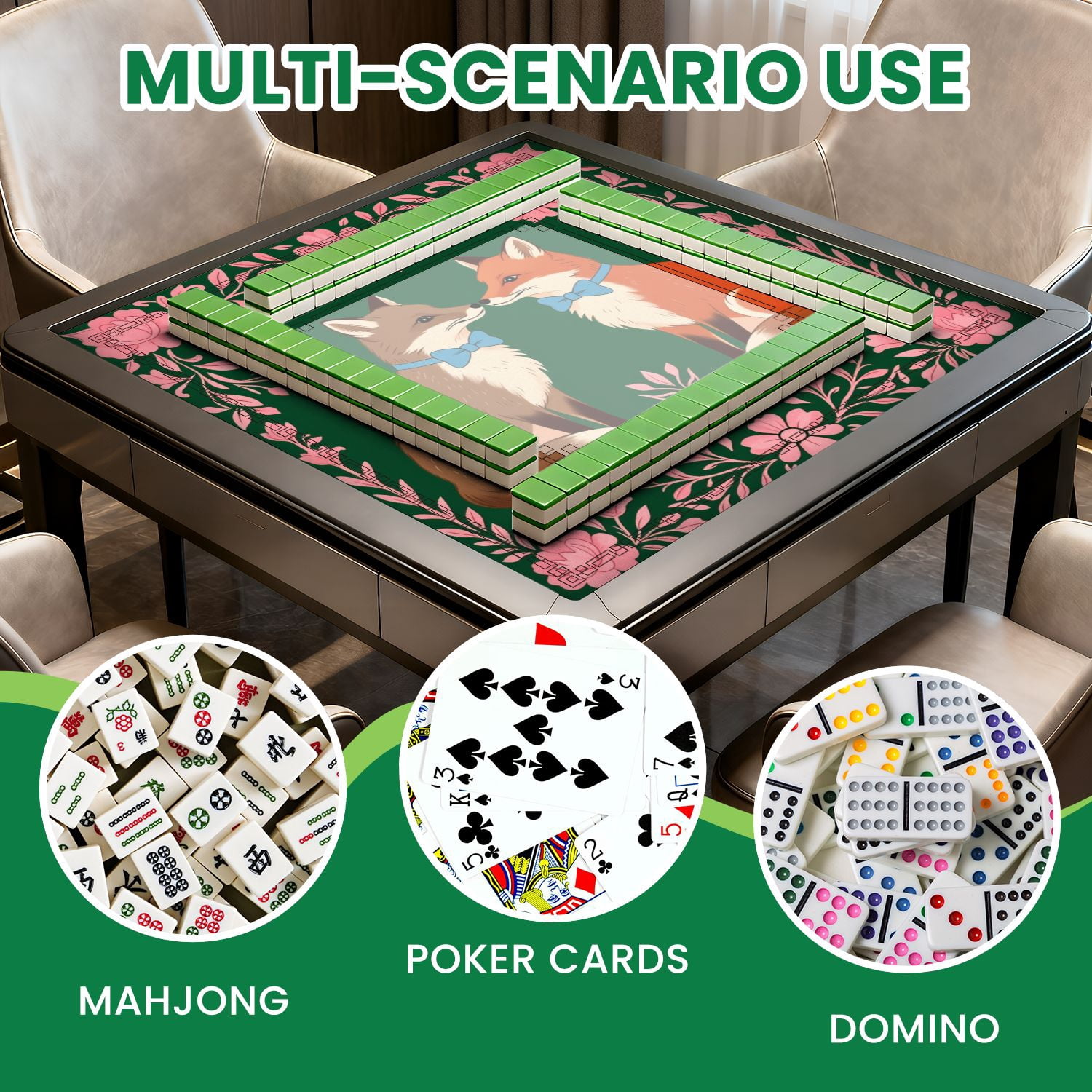 Mahjong Mat 31.5" x 31.5" Cute Fox Pair Blue Bow Ties Surrounded by Pink Floral Border Dark Non-Slip Noise Reduction American Mahjong Tiles Table Cover for Dominoes Poker Card Board Games Gift