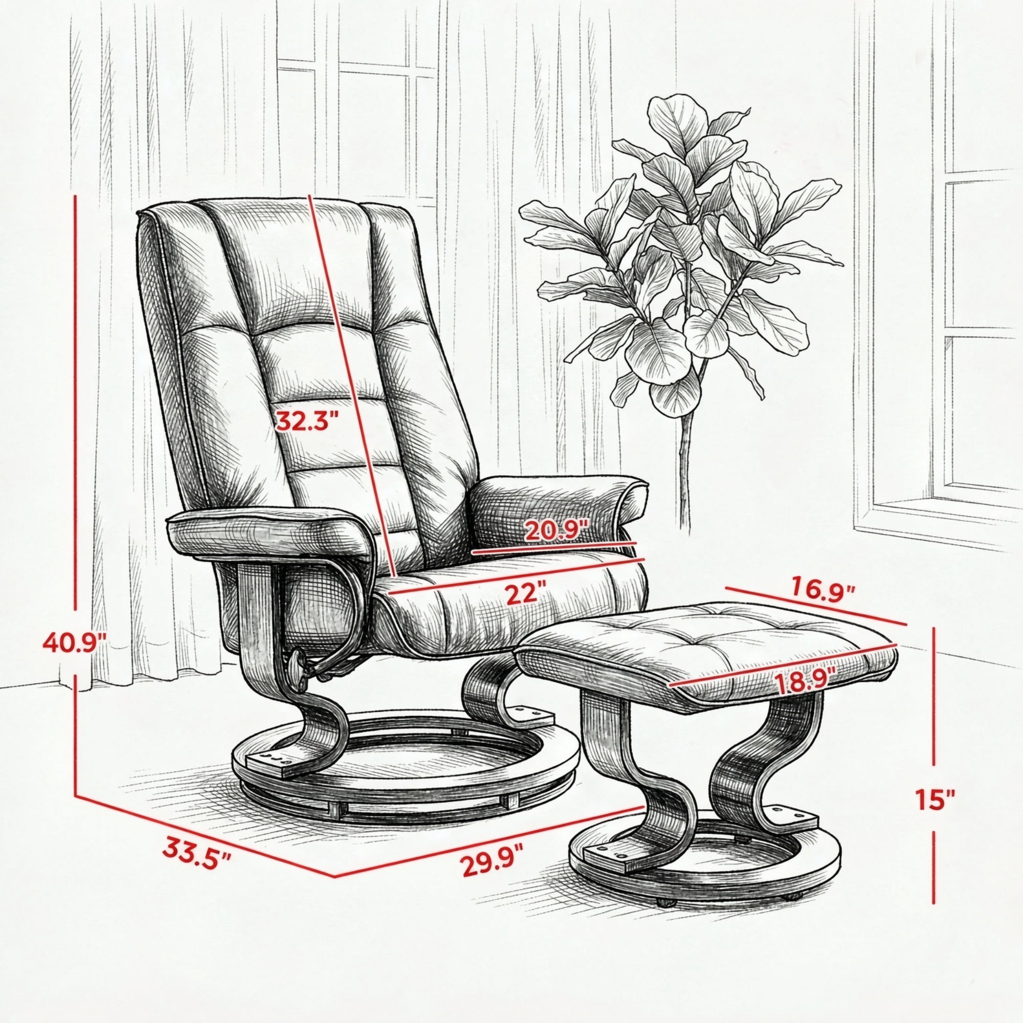 Faux Leather Reclining Chair with Ottoman, Manual Recliner with Tufted Back and Wood Frame, Brown