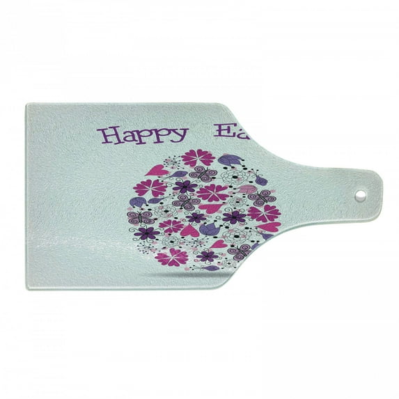 Easter Cutting Board, Spring Season Holiday Themed Illustration with Blossoming Flowers Butterflies, Tempered Glass Cutting and Serving Board, Wine Bottle Shape, Purple Pink Black, by Ambesonne