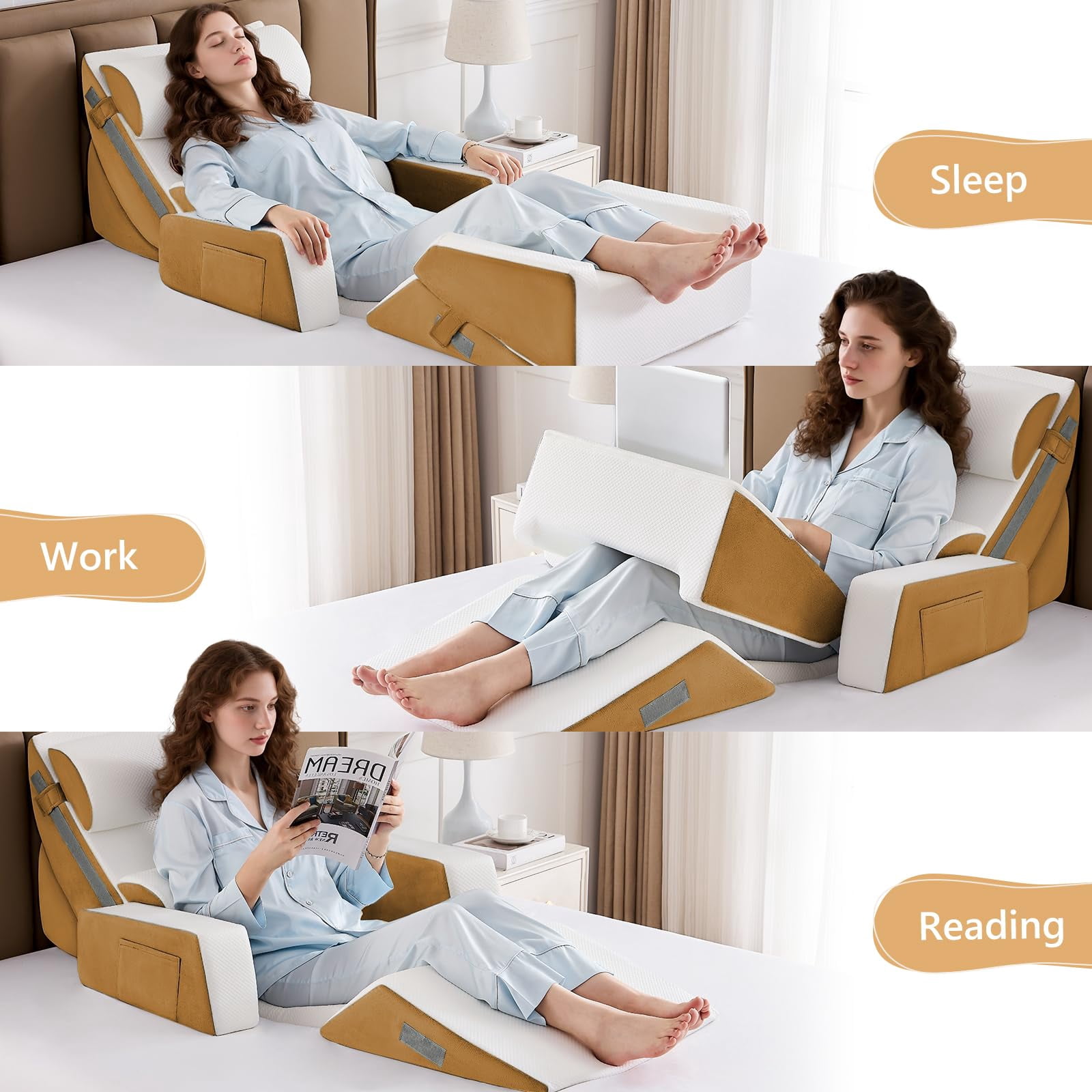 9pcs Bed Wedge Pillow Set For Sleeping  And Leg Foam Body Triangle Adjustable Support - Acid Reflux Pillows Brown
