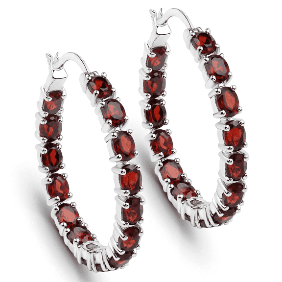 Garnet Hoop Earrings for Women, 6 Ct Oval Shape, 925 Sterling Silver with Rhodium, January Birthstone