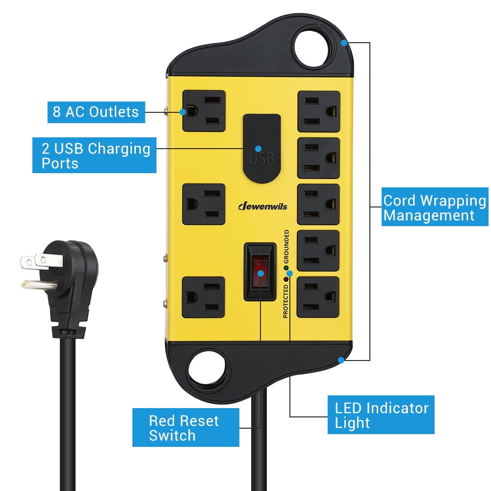 DEWENWILS 8 Outlets Power Strip with 2 USB Ports, Heavy Duty Surge Protector Power Strip with 15ft Long Extension Cord, outlet extender, Flat Plug, 1440Joules, 15A