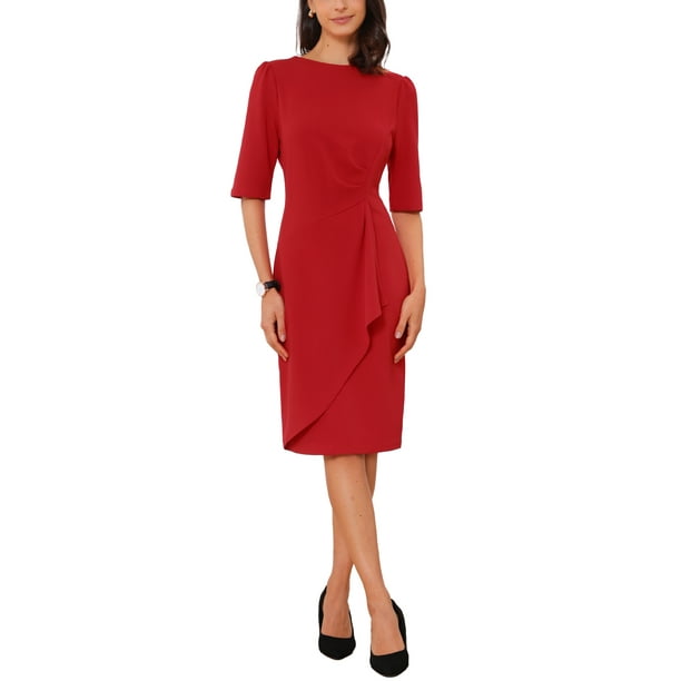 Vestido Ruched Allegra K para mujer, vestido de trabajo de manga corta, tendencia en rojo S