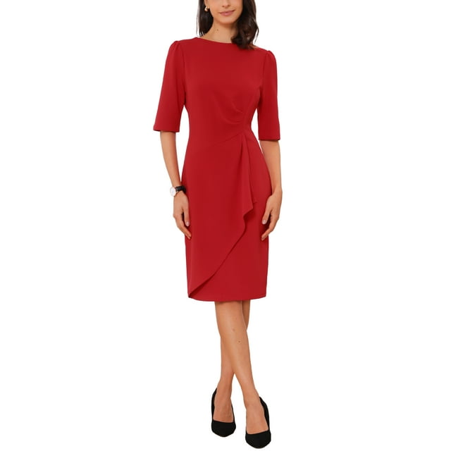 Allegra K Robe Froncée pour Femme à Manches Courtes, Robe de Travail de Bureau Tendance m Rouge