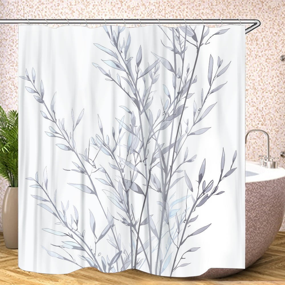 Gray Leaves Shower Curtain Set,Tree Branch Shower Curtains for Bathroom