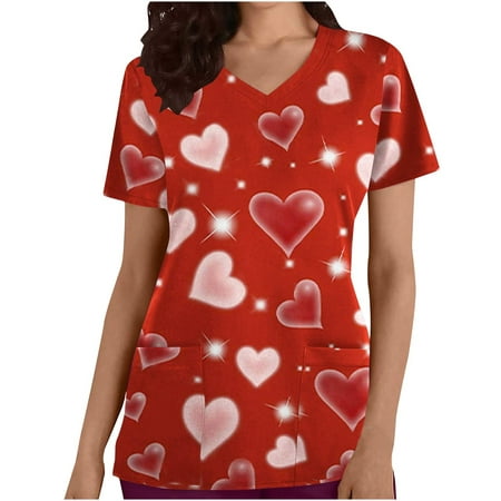 

Chiccall Women s Scrub Tops V-Neck Casual Short Sleeve Valentine s Day Graphics Pockets Nursing Uniform Womens Tunic Tops Shirts Blouse on Clearance
