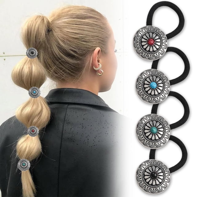 Hifanmm 4 Lazos De Metal Para El Pelo Para Mujeres Y Niñas, Accesorios Retro Plateados Para Cabello Grueso, Flores Brillantes, Lazos Para El Pelo, Elásticos, Sin Daños, Coleteros, Peinados, Puños Para