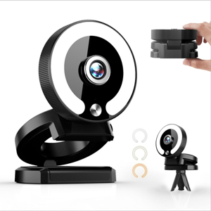 SenseiPhoto Webcam avec lumière et microphone, lumière de l'anneau led avec auto-focus & 3 Puissance de luminosité de niveau avec contrôle tactile