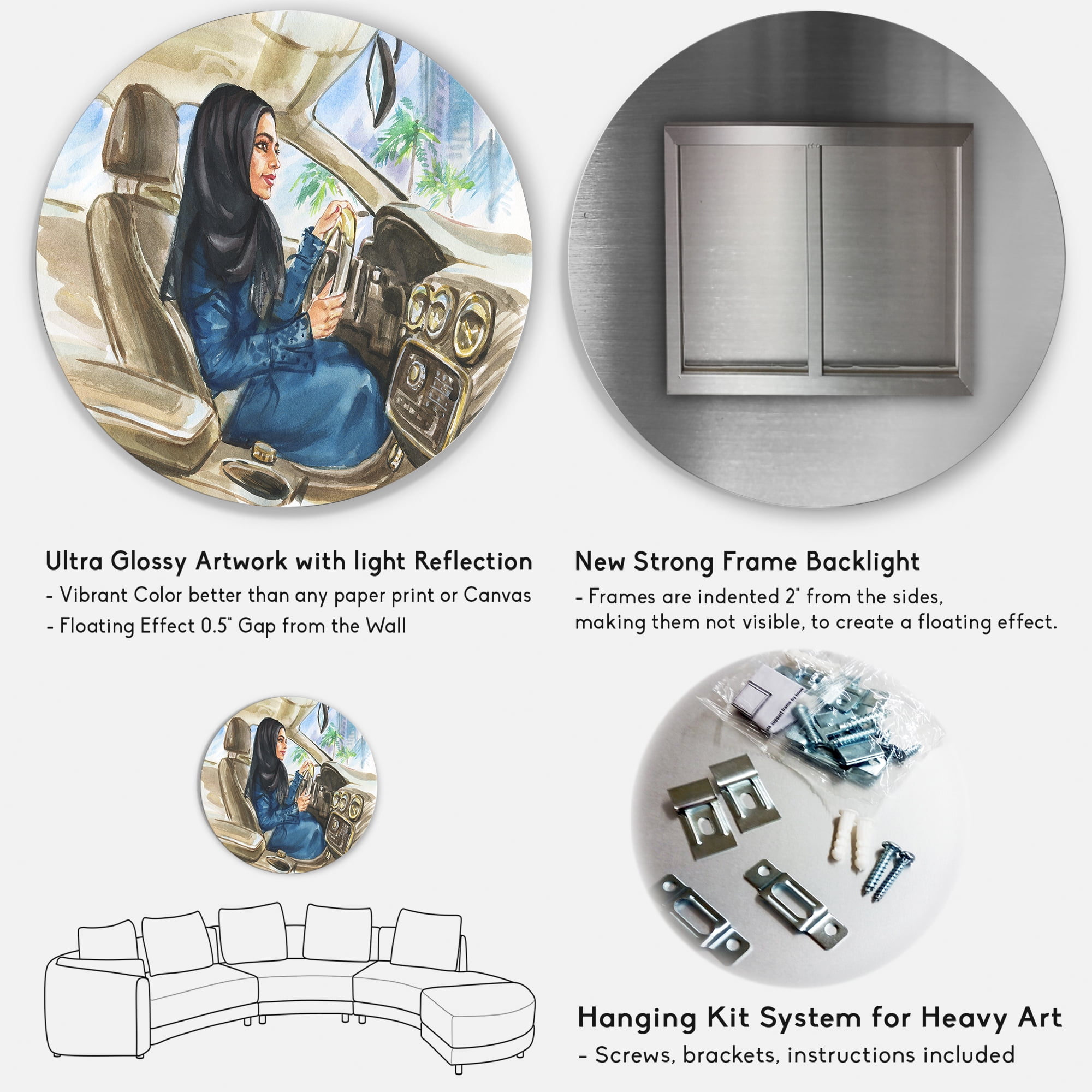 Designart 'Arabian Lady Driving A Car I' Modern Circle Metal Wall Art 23x23 - Disc of 23