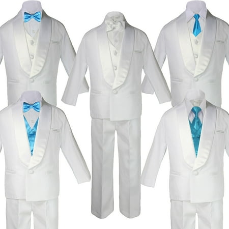 

HOT Boy White Shawl Lapel Wedding Suits Tuxedo TURQUOISE Satin Bow Necktie Vest