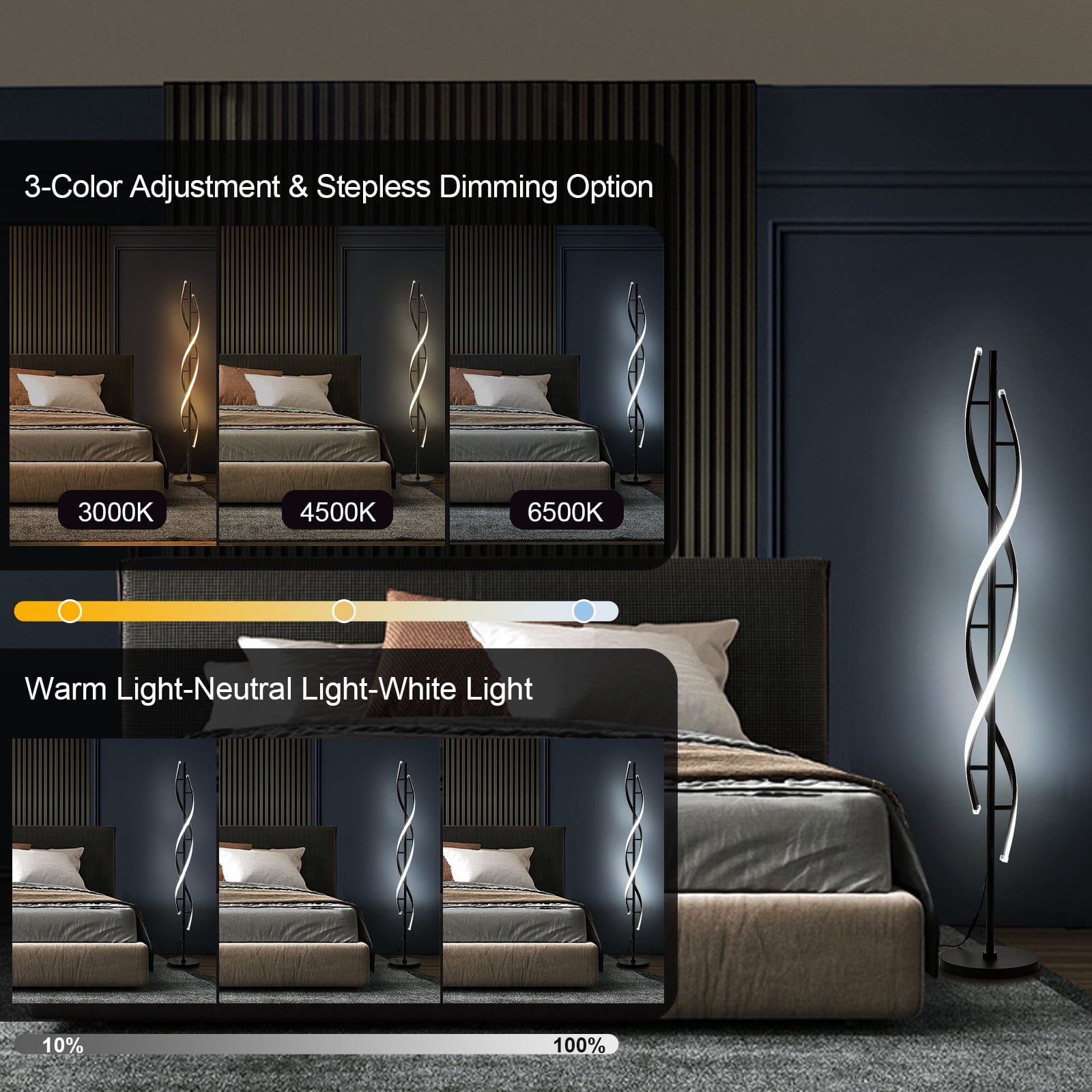 LED Spiral Floor Lamp 60 Inch Modern Floor Lamps Dimmable Black Standing Lamp 34W Contemporary Floor Lamps for Living Room Bedroom Kitchen Office