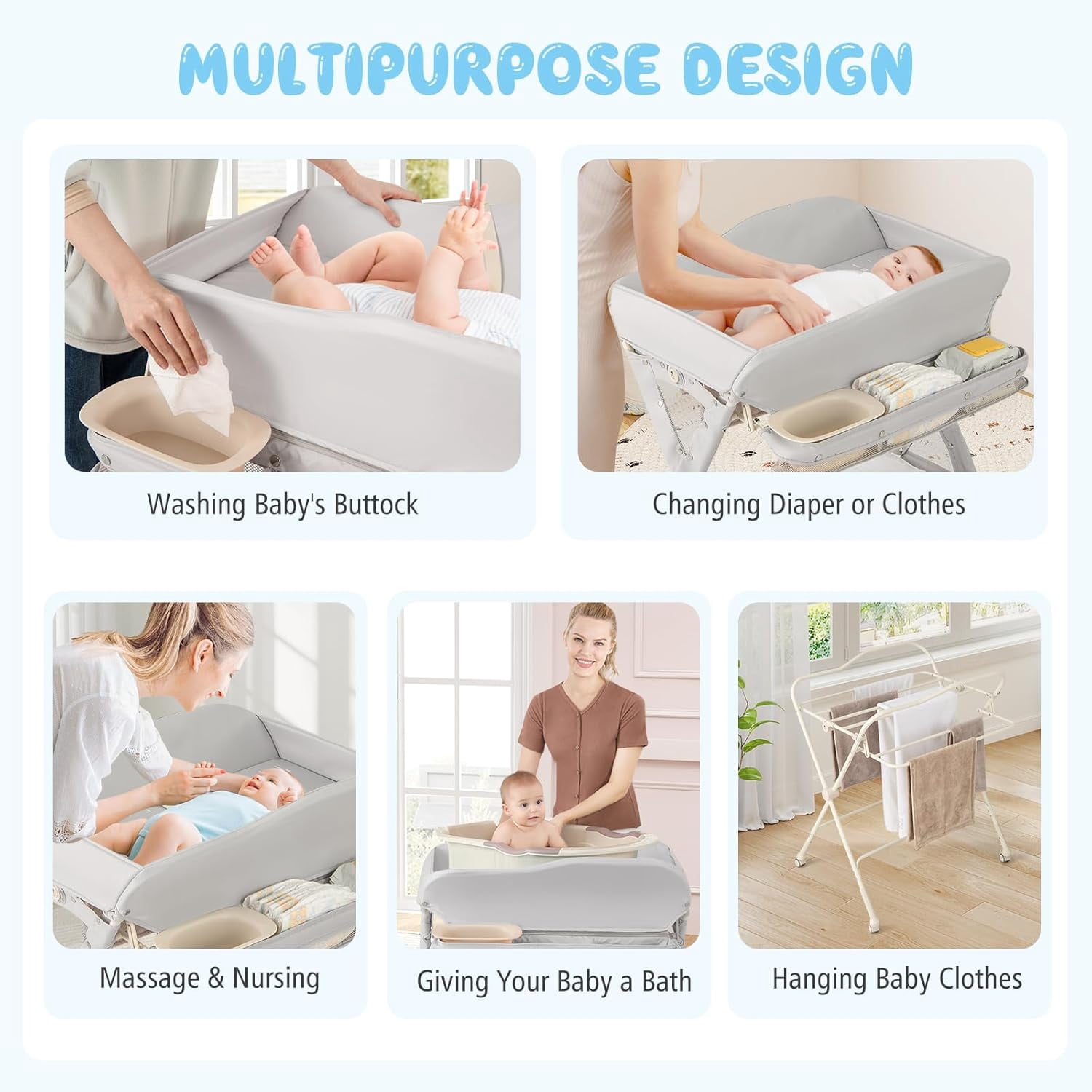 CHTER Portable Baby Changing Table, Foldable Diaper Changing Station w/Wheels, Adjustable Height, Large Storage Rack, Water Basin, Safety Belt, Mobile Nursery Organizer for Newborn Infant (Gray)