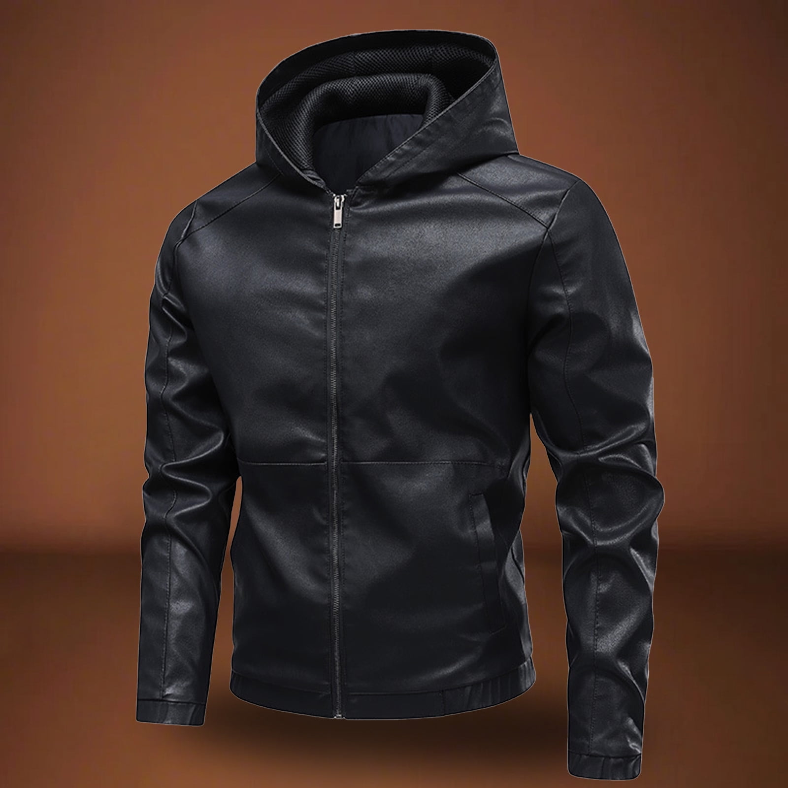 HOOMEUMY Men's Hooded Leather Jacket Long Sleeve Full Zip Leather Jackets Casual Full Zip Motorcycle jacket (Black,M）