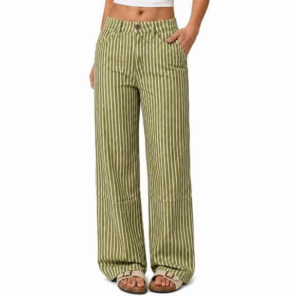 Women's Vintage Y2k Striped Denim Pants Wide Leg High Waist Stretchy Long Jean Palazzo Trousers with Pocket