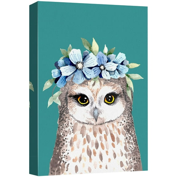 wall26 Canvas Print Wall Art Watercolor Cartoon Owl with Flower Crown Animals Wildlife Illustrations Pop Art Chic Portrait Colorful for Living Room, Bedroom, Office - 16"x24"