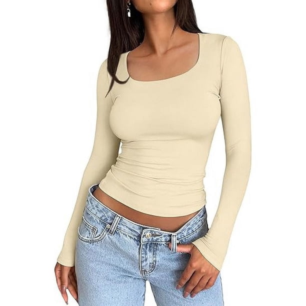 Top corto ajustado de manga larga para mujer: camiseta ajustada con cuello redondo, poliéster y spandex, diseño básico liso para hacer ejercicio, yoga y estilo informal.