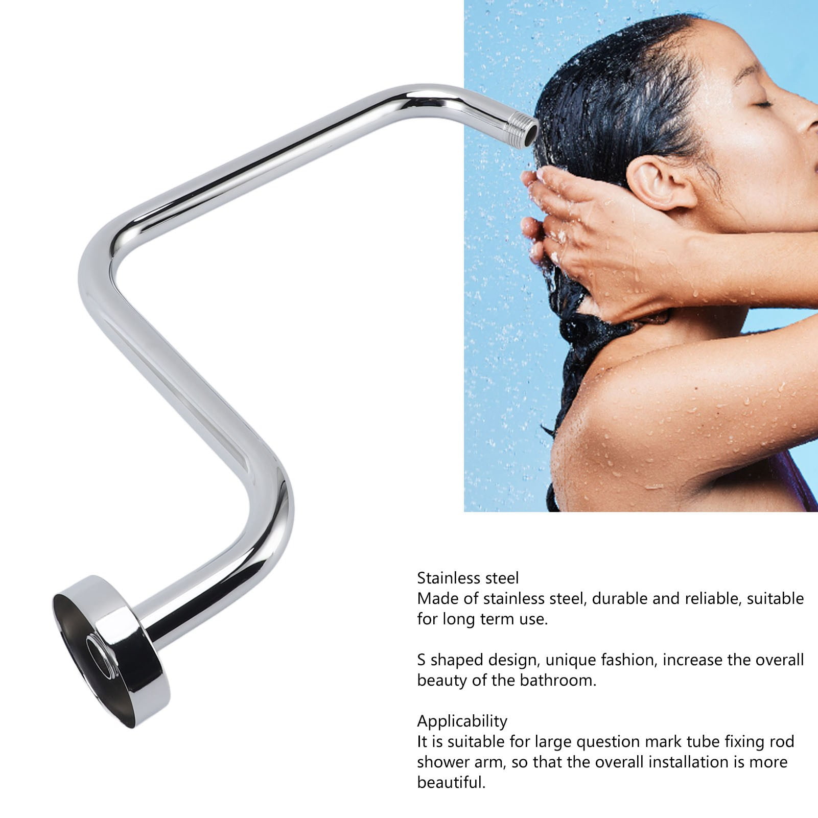 YAHHU S-Shape Shower Arm Stainless Steel Extension Arm with Flange, 17.3 Inches / 44 cm Elevated High-Rise Shower Pipe for Bathroom Rain Showerhead Electroplate Chrome Finish