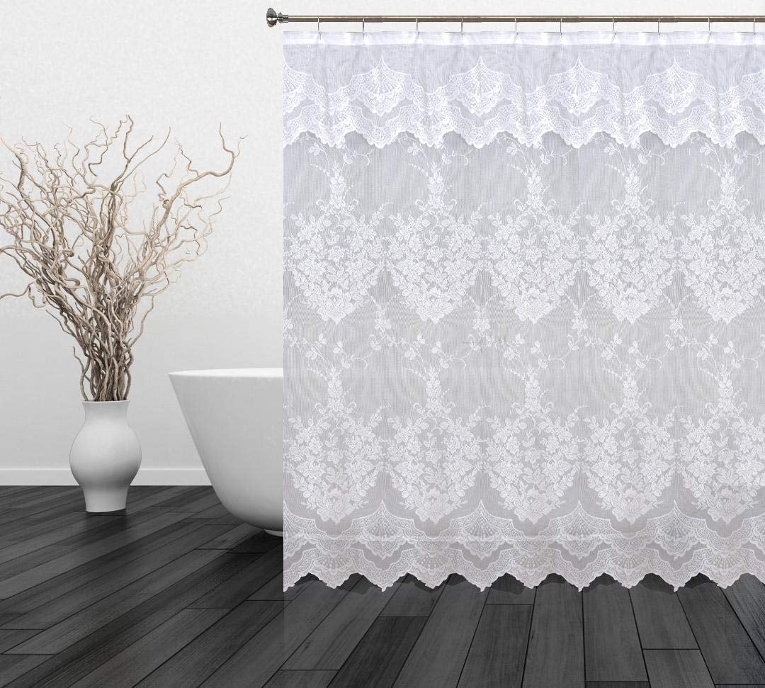 Romance Lace Flower Shower Curtain with an Attached Valance, white