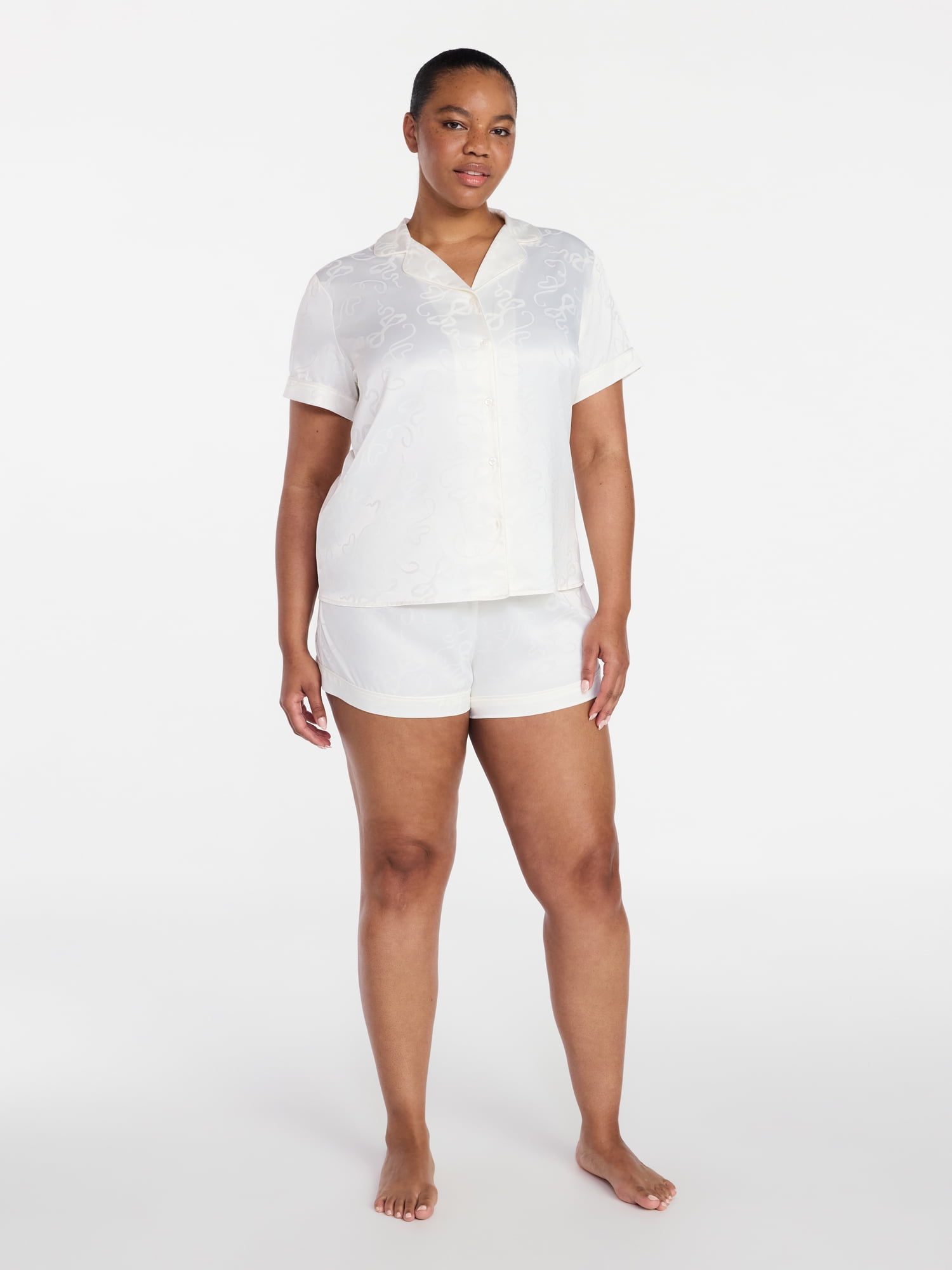 Joyspun Women’s Bridal Satin Short Sleeve Top and Shorts Pajama Set, Sizes XS-3X
