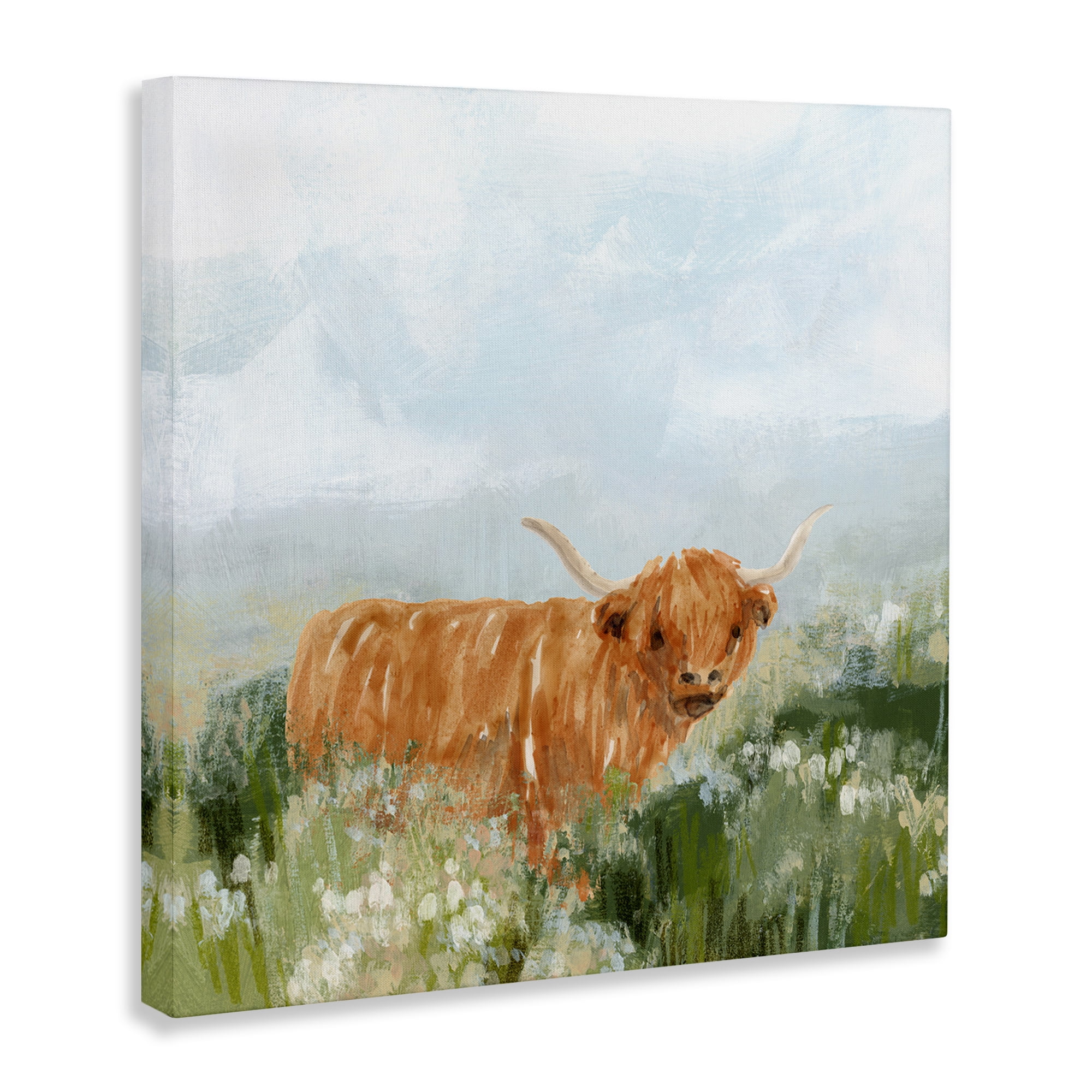 Stupell Industries Longhorn Cattle Country Field Animals & Insects Painting Gallery Wrapped Canvas Art Print Wall Art, 17 x 17