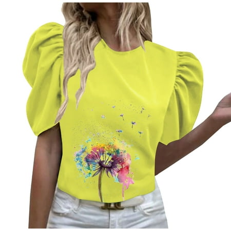 

Band Tees for Women Women Casual Short-Sleeve Printing Pleated Short Round-Neck Loose T-Shirt Blouse Tops Fashion Summer Tops Yellow XL