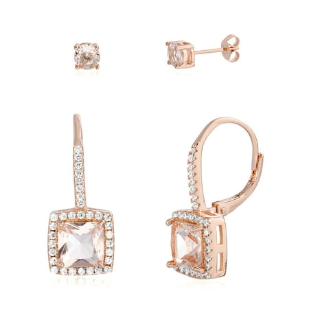 Engagement Simulated Earring - Simulated Morganite & Cubic Zirconia Stud & Dangling Square Lever Back Duo Earring Set in Rose Gold over Brass