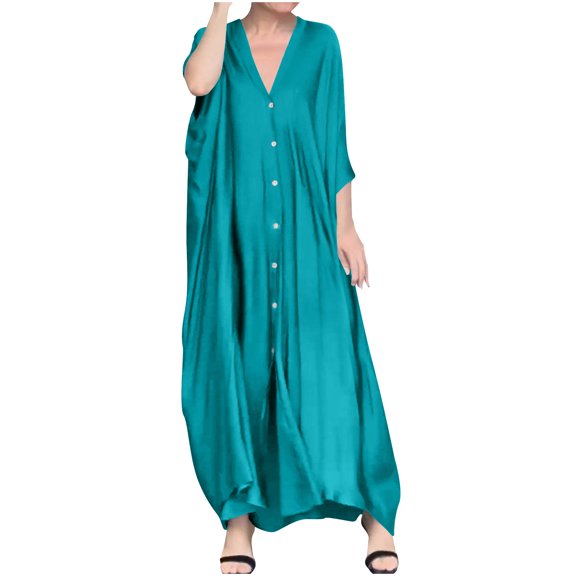 Cmfcve Women's Plus Size T-Shirt Dress Simple Versatile Satin Dress V-Neck 3/4 Long Sleeves Cardigan Dresses with Button
