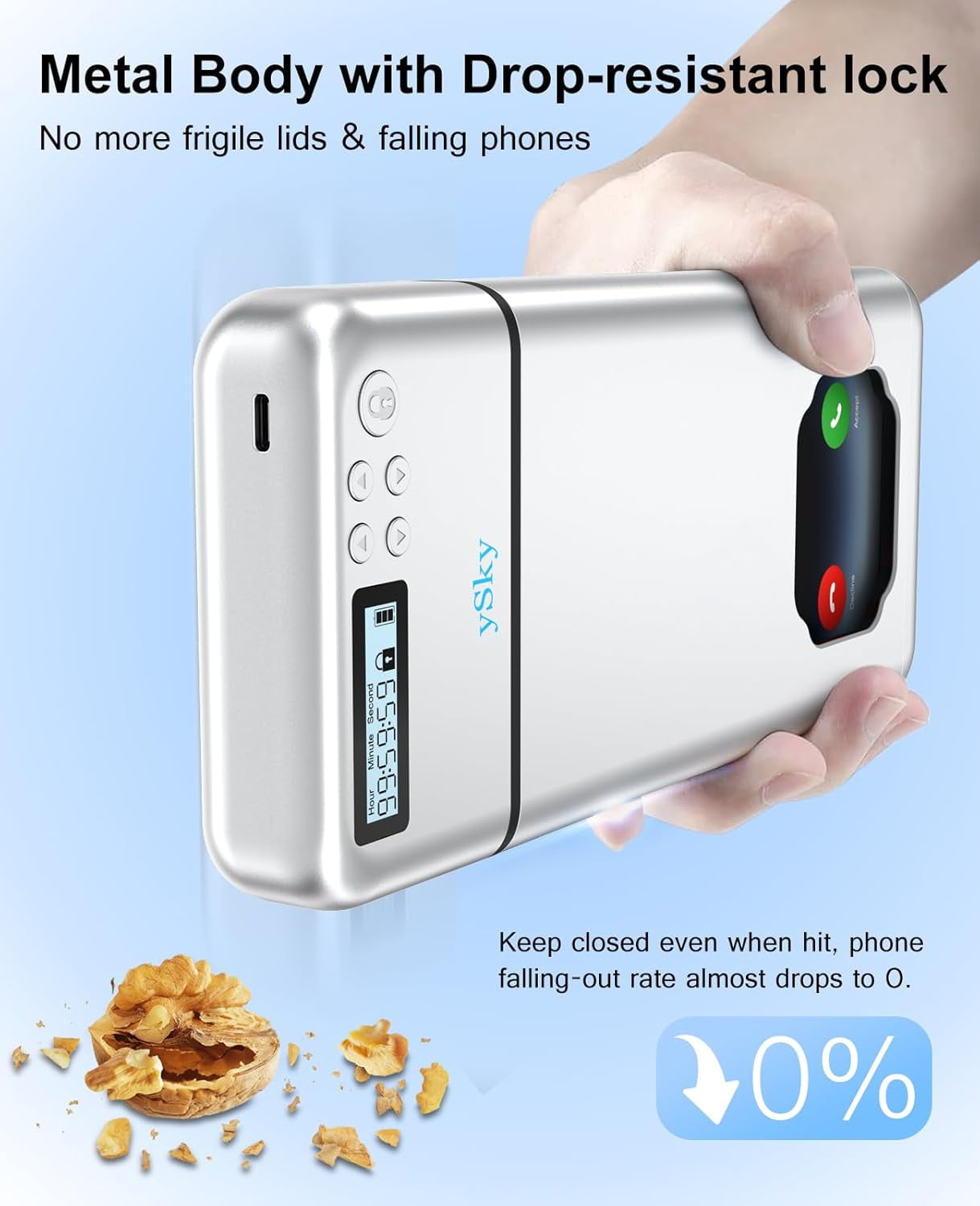 ySky Metal Cell Phone Lock Case with Timer,Portable Timed Phones Locker Box for iPhone and Android, Self-Control Help to Focus Back, Phone Jail Box 1PC Silver