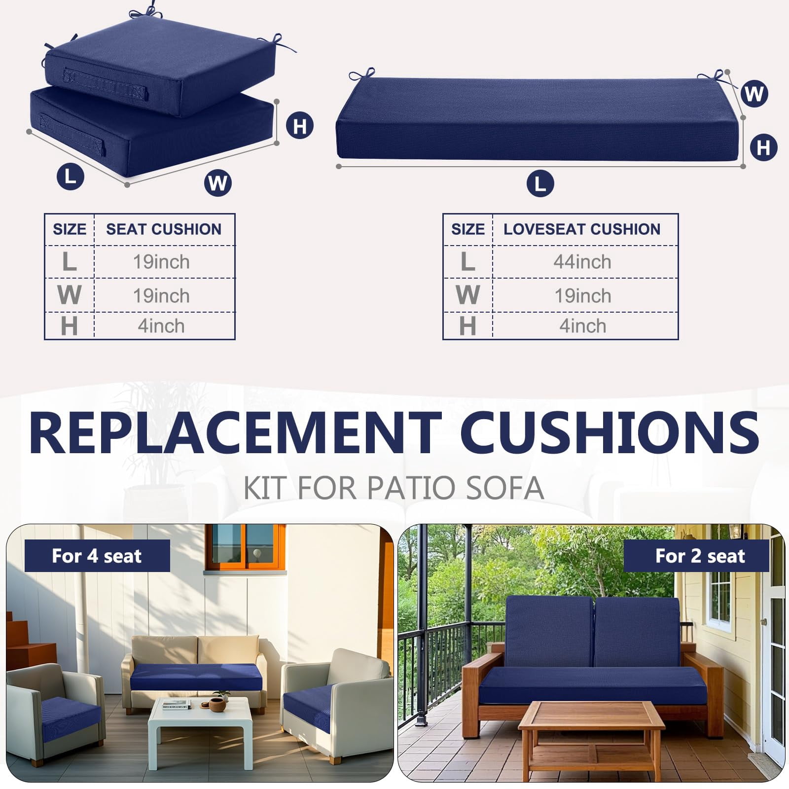 3 Outdoor Chair Cushions Set 44 X 19 Inch Loveseat Tufted Waterproof Patio Furniture Love Seat Pad Cushion For Square Settee Indoor Sofa Wicker Couch Bench(navy Blue)