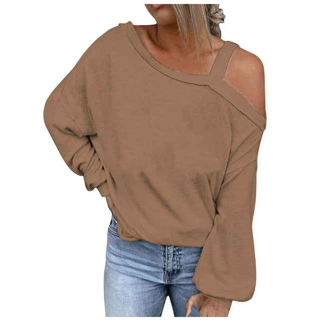 Bowake Off Shoulder Tops for Women 2023 Casual Loose Long Sleeve Fall Shirts Solid Color Ladies Pullover Blouse