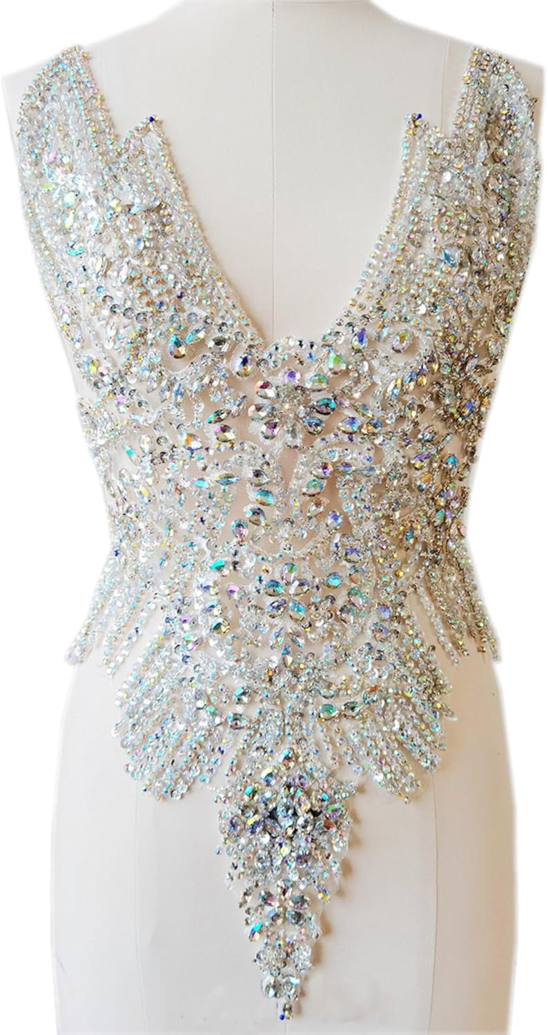 Handmade Rhinestone Applique: 3D Rhinestone Fabric Patches - Dress Appliques Beaded Embroidered Trim, Bodice Applique for Sewing Clothes Wedding Bridal Dress Decorative, 24.4x14.17inch (Orange)