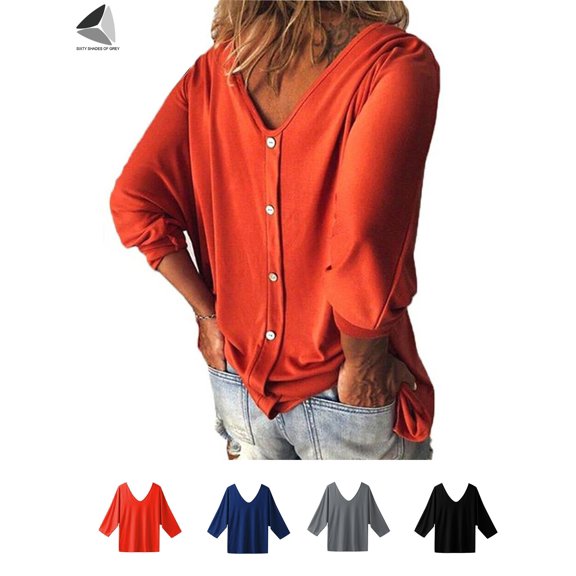 PULLIMORE Womens Button Down Shirts 3/4 Sleeve V Neck Casual Loose Tops Blouses (XL, Orange)