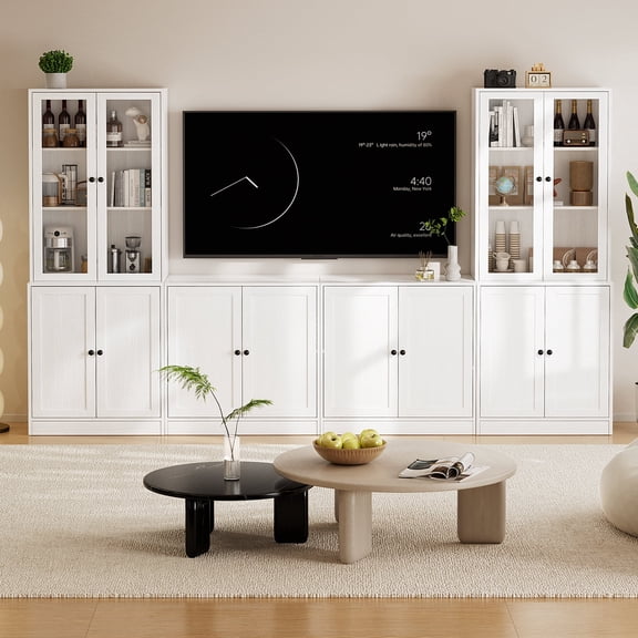 RichYa 4-Piece Entertainment Center with Bookshelves for TVs,TV Stand for TVs up to 60”,TV Stand Cabinets with Display Shelves for Living Room,White