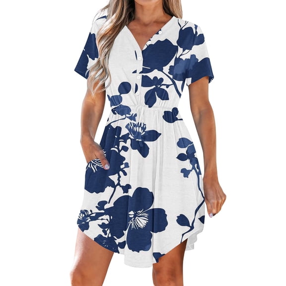 asdoklhq Floral Dress for Women Summer Dress Casual V Neck Short Sleeve Drawstring Dresses with Pockets White XL