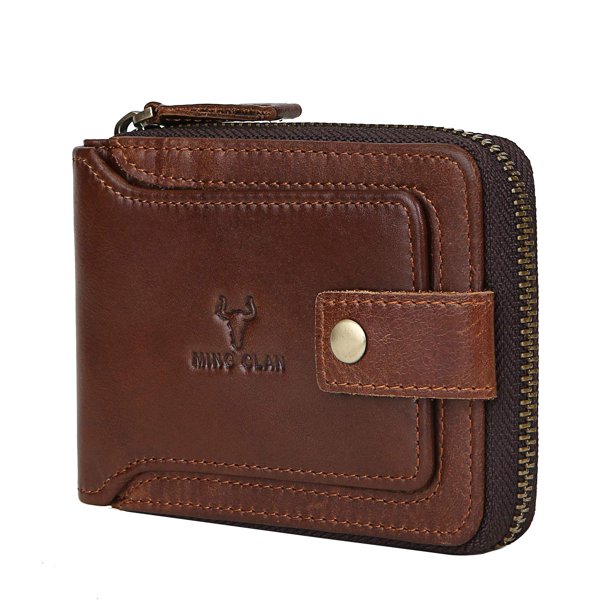 Cartera con cremallera MING CLAN con bloqueo RFID de piel, plegable, marrón