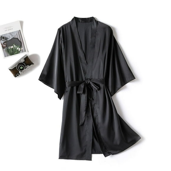 CFLVAEK Satin Robes for Women Plus Size Kimono Bathrobe Lightweight Soft 3/4 Sleeve Robe Solid Color Short Robe with belt Elegant Sleepwear for Ladies Black L