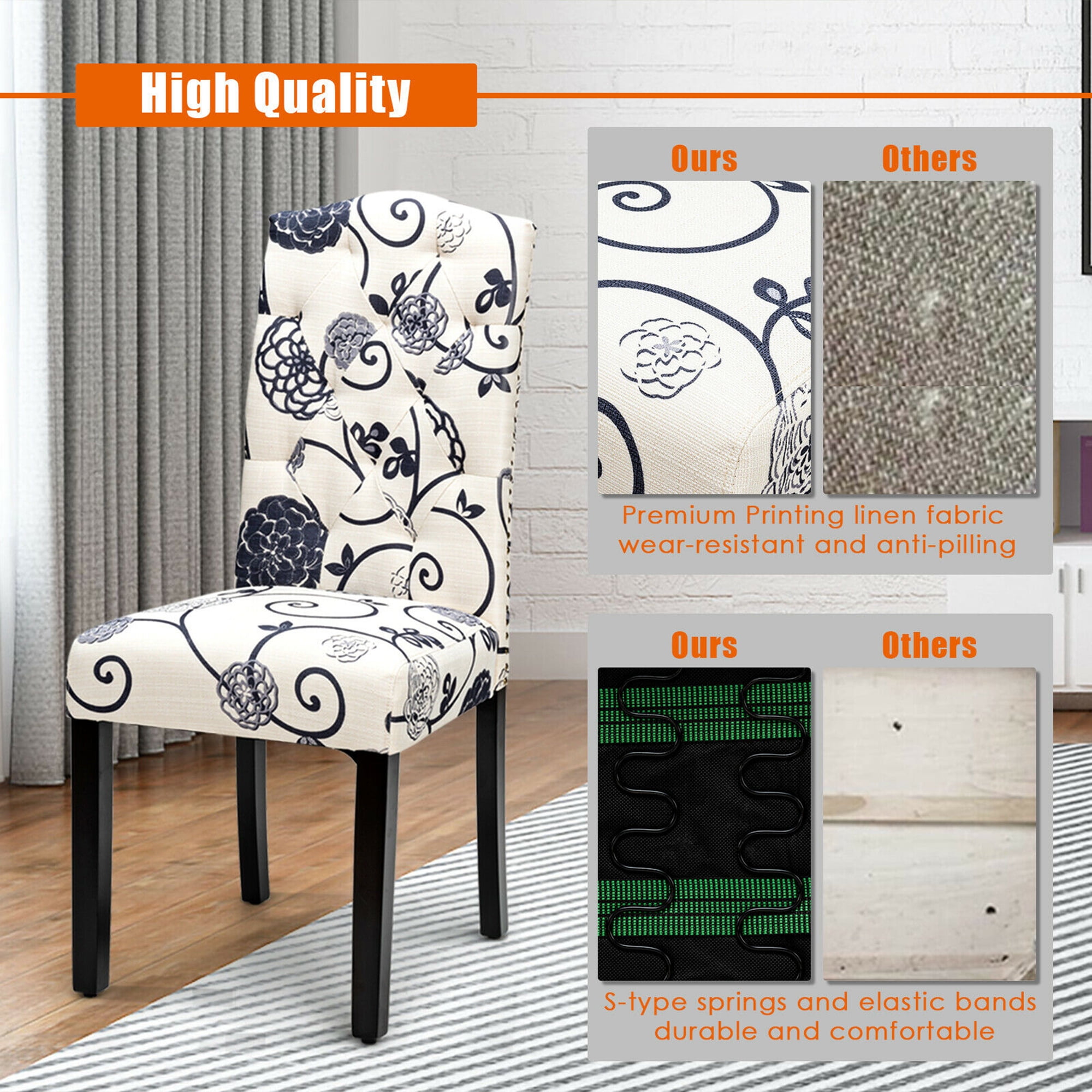 Gymax Set of 2 Tufted Dining Chair Upholstered Nailhead Trim Rubber Wooden Leg