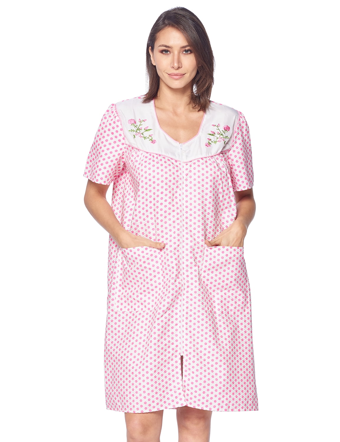 UUANG Women Zipper Robe Short Sleeve Loungewear Knee Length Nightgown Duster Housecoat with Pockets S-XXL