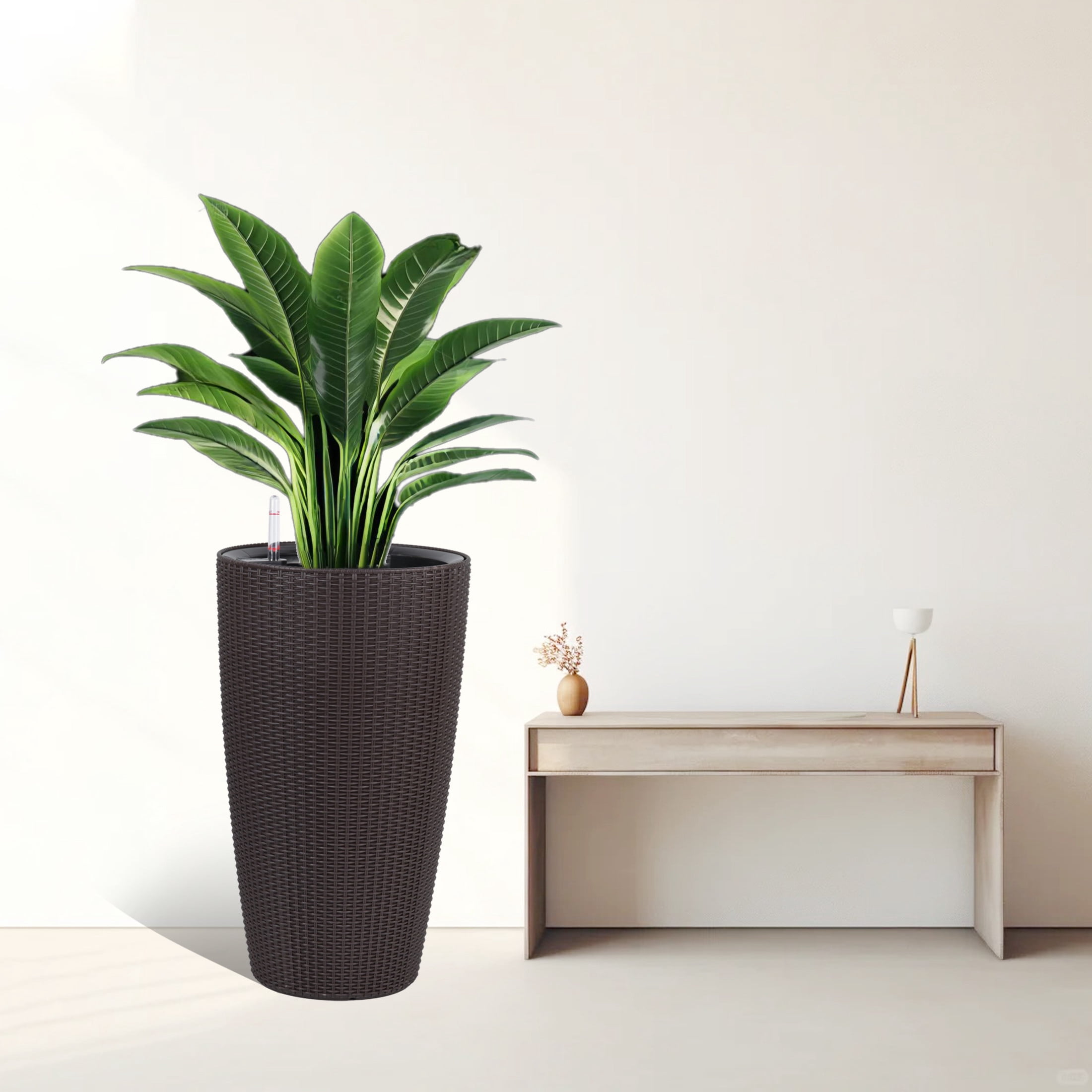 Noble House 2 Pack 22.44" Tall Self-Watering Faux Rattan Planters with Water Level Monitor, Brown