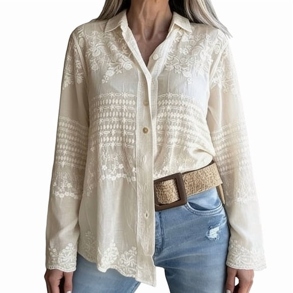 Women'S Long Sleeve Shirts Collar Button Down Blouse Dressy Casual Tops Cream White One size