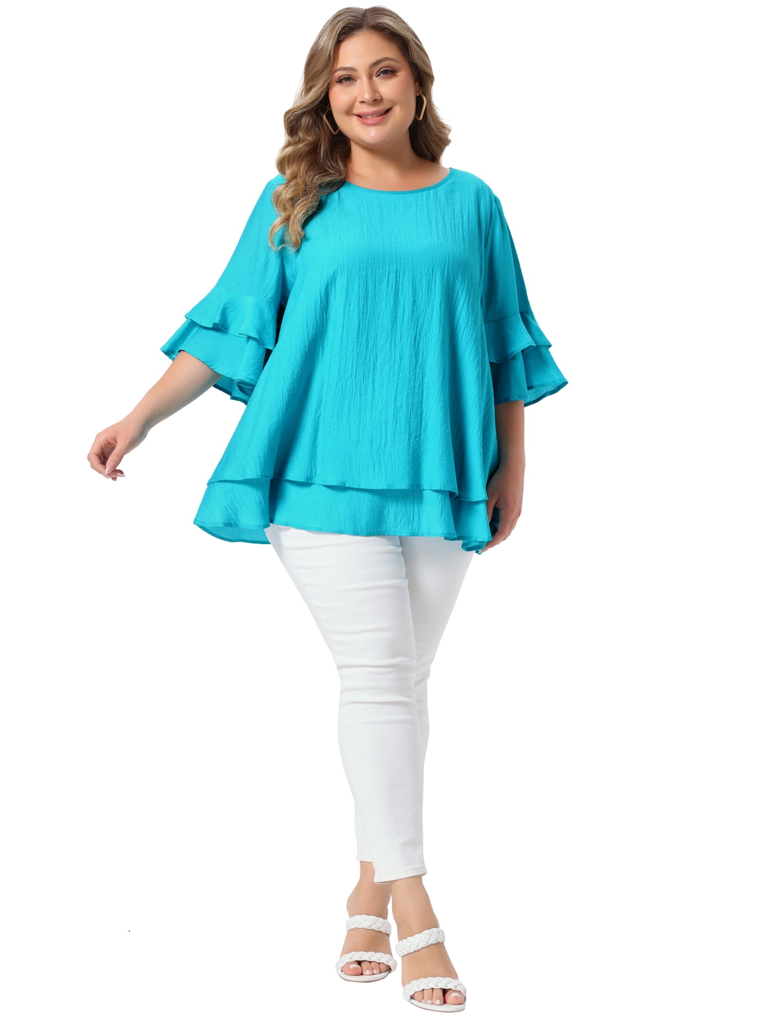 DARING DIVA Women's Plus with Crew Neck and Ruffle Half Tops 2X Blue