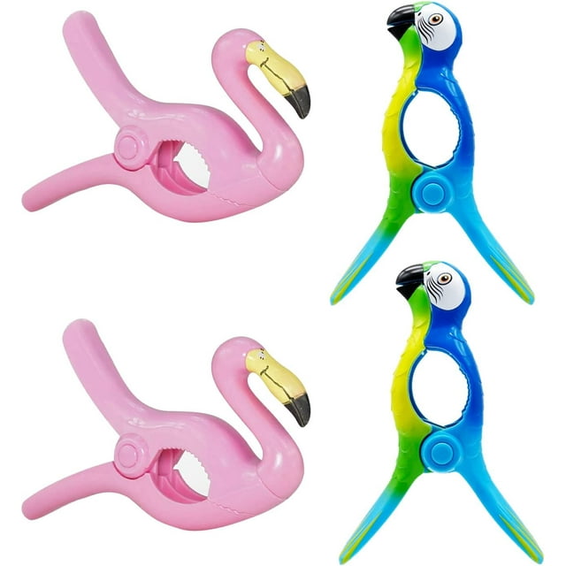 Paifeancodill 4 Pcs Beach Towel Clips, Parrot & Flamingo Towel Clips for Beach Chairs Plastic Lounge Chair Towel Clips, Beach Chair Clips, Pool Clips for Lounger, Lounge Chair (Flamingo + Parrot)