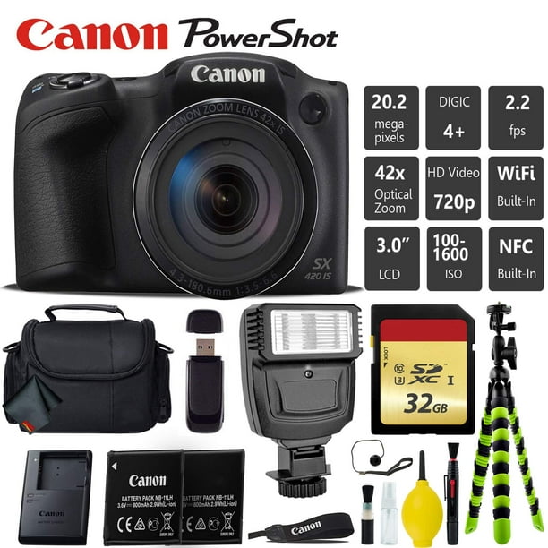 Canon PowerShot SX420 is Digital Point and Shoot 20MP Camera Extra Battery + Digital Flash + Camera Case + 32GB Class 10 Memory Card - Intl Model - Walmart.com