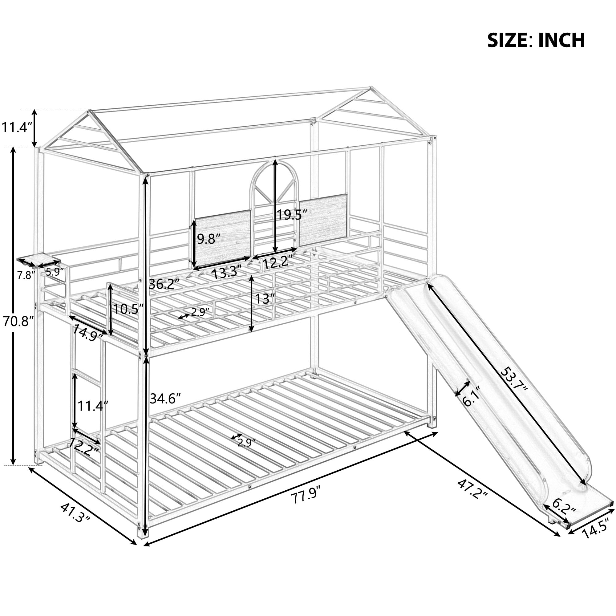 Aukfa Twin over Twin Bunk Bed with Slide, Metal House Bunk Bed for Kids Teens - White