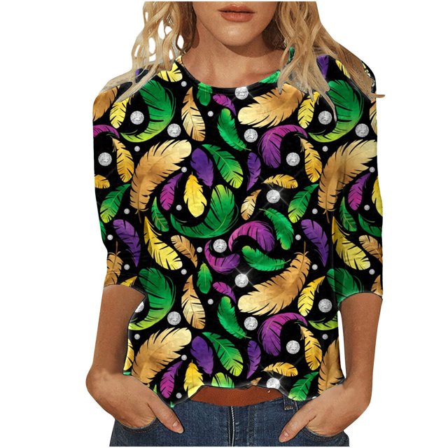 Liquidation! Uooqdmx Hauts Grande Taille pour Femmes Manches 3/4 Hauts de Carnaval Imprimé Pailleté Col Rond Hauts d'Automne pour Femmes Vert m