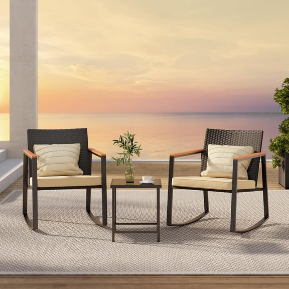 Jolifa 3-Piece Patio Furniture Set, All-Weather Rocking Chair Set with Heat-Resistant Arms & Glass Table, Bistro Set for Poolside and Patio,Yellow