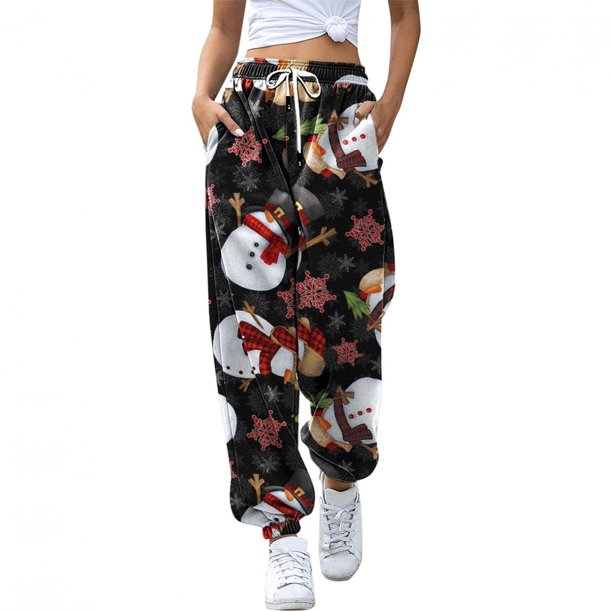 Puntoco Pantalones de chándal con estampado navideño para mujer Cintura alta Deportivo Gimnasio Ajuste atlético Jogger Pantalones Baggy Lounge Pants con bolsillos Puntoco Puntoco-3062