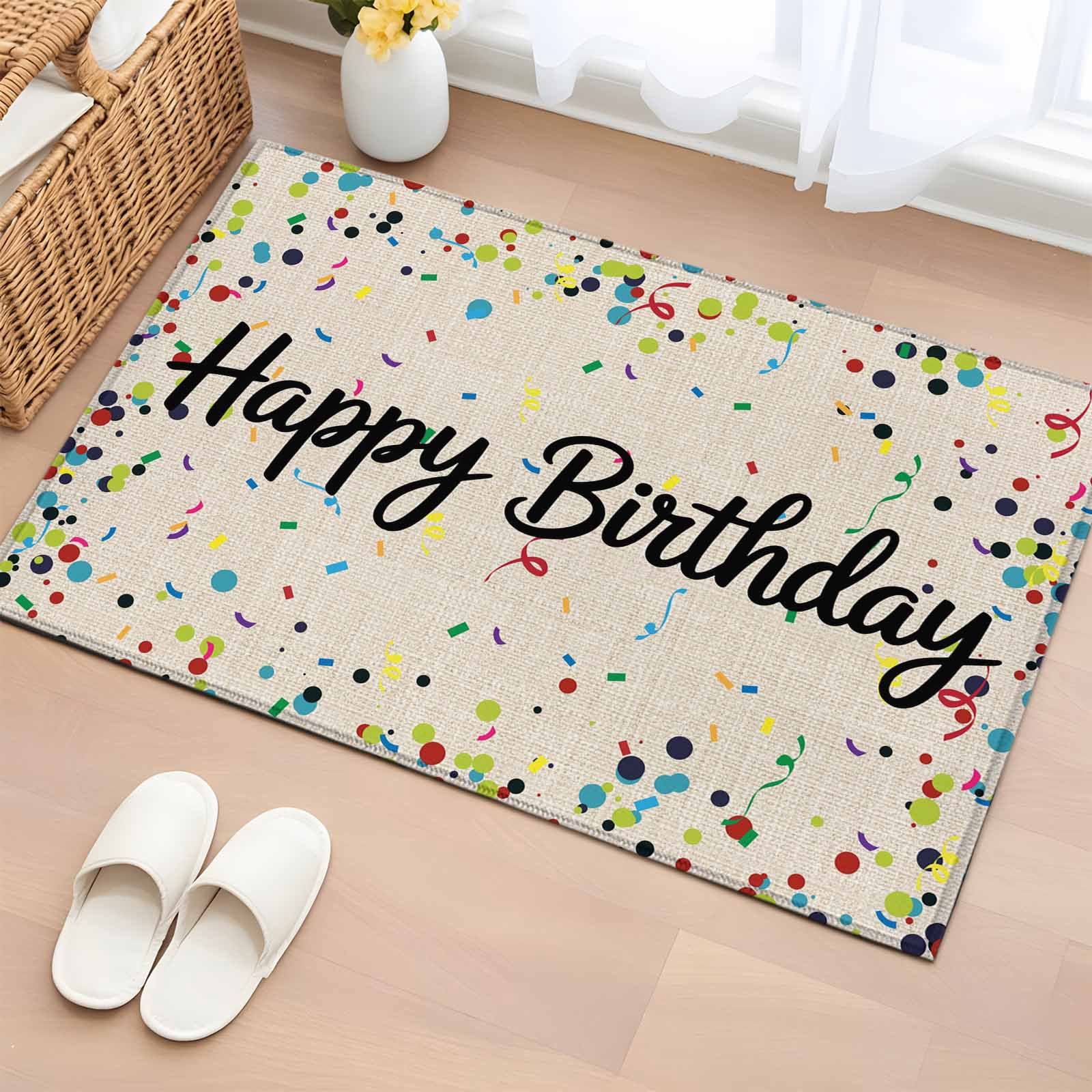 Beige Birthday Large Area Rugs for Bedroom Living Room, Non Slip Carpet Bedside Rug, Colorful Confetti Ribbons Polka Dots Classroom Rectangular Floor Cover Kitchen Accent Rug 2'x3' for Office