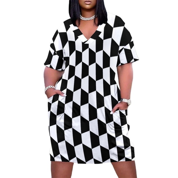 Vestido de noche holgado con bolsillos para mujer traje de noche femenino con diseño hexagonal en blanco y negro